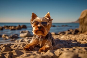 Cute yorkshire terrier in sunglasses on the beach. Generative AI