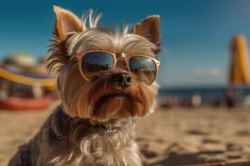 Cute yorkshire terrier in sunglasses on the beach. Generative AI