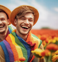 Happy couple with rainbow flag color pattern. Society with equal rights. Pride lifestyle with diversity and inclusion.