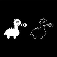 Cute dragon breathing fire set icon white color vector illustration image solid fill outline contour line thin flat style