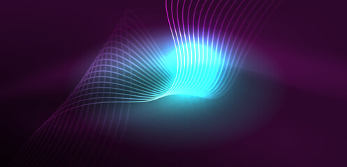 Shiny glowing neon wave. Neon light or laser show, electric impulse, power lines, techno quantum energy impulse, magic glowing dynamic lines