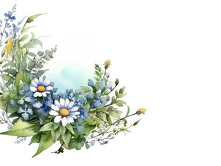 Watercolor bouquet corner frame of chamomile flowers and green leaves