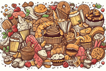Doodle Cartoon Drawn food sweet watercolor vector illustration.