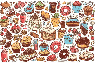 Doodle Cartoon Drawn food sweet watercolor vector illustration.
