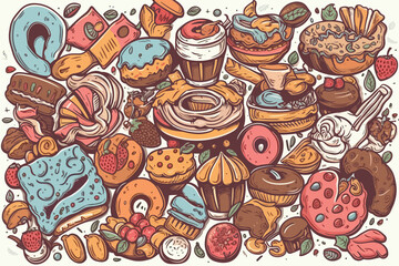 Doodle Cartoon Drawn food sweet watercolor vector illustration.
