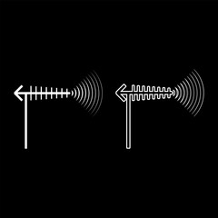TV antenna and wave set icon white color vector illustration image solid fill outline contour line thin flat style