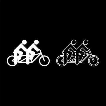 Two people on tandem bicycle ride together bike team concept riding travel set icon white color vector illustration image solid fill outline contour line thin flat style