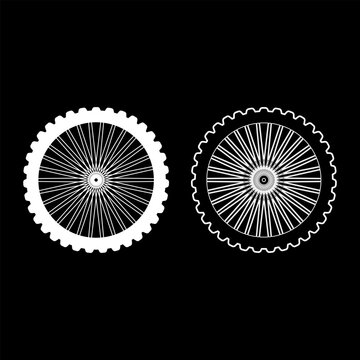 Bike wheel bicycle bike motorcycle set icon white color vector illustration image solid fill outline contour line thin flat style