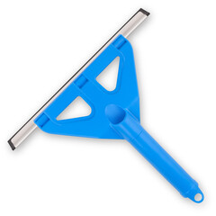 Plastic squeegee with blue handle isolated on white background. Household object for window...