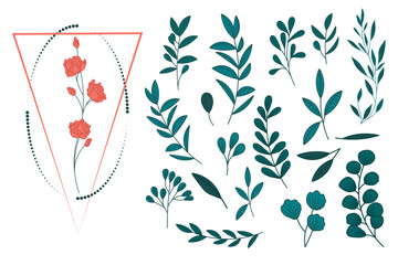 Vector floral set. Colorful floral collection with leaves and flowers. Spring or summer design for invitation, wedding or greeting cards