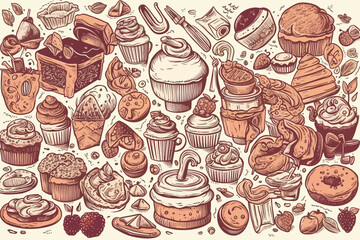 Doodle Cartoon Drawn food sweet watercolor vector illustration.