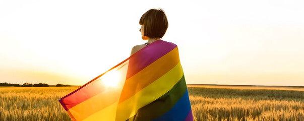 Girl wrapped in pride flag. Concept of LGBT pride. AI generated