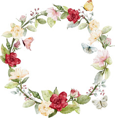 Watercolor wreath with rose leaves and butterflies