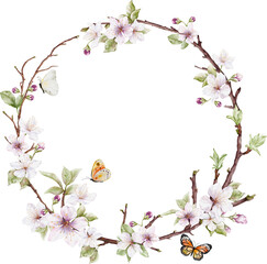 Watercolor cherry blossom wreath and butterflies