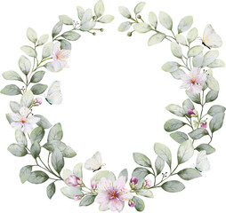 Watercolor wreath with flowers leaves and butterflies