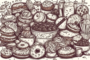 Doodle Cartoon Drawn food sweet watercolor vector illustration.