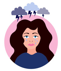 Psychological mental problem concept. Sad girl cry. Mental health, depression, stress and frustration. Flat vector illustration.