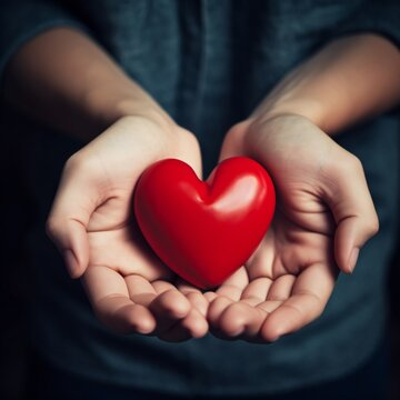 Teen boy hands holding red heart, heart health insurance,social responsibility generative ai