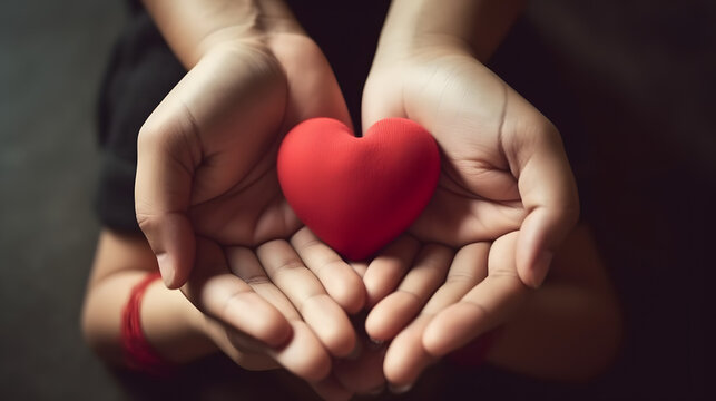 Very detailed photo Family hands holding red heart, health care, hope, life insurance concept, world heart day, world health day, adoption foster care home, organ donor day, csr social responsibility,