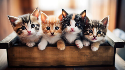 Four adorable colorful  kittens in a wooden box.