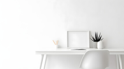 White desk with empty space. Bright stylish and minimal workspace.