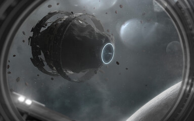 Naklejka na ściany i meble Habitable asteroid, colonization. Giant space station. 5K realistic science fiction art. Elements of image provided by Nasa