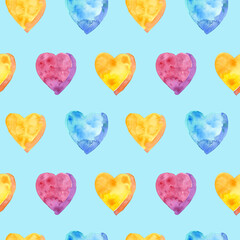 Seamless pattern of watercolor pink, yellow and blue hearts. Hand drawn illustration. Hand painted elements on light blue background.	