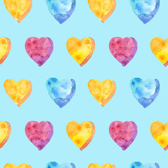 Seamless pattern of watercolor pink, yellow and blue hearts. Hand drawn illustration. Hand painted elements on light blue background.	