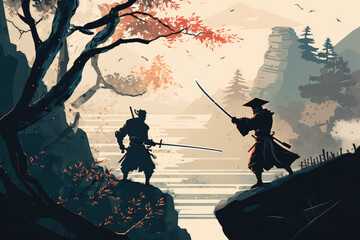 illustration painting A samurai with a katana stands ready to fight against a huge army. 2D illustration, digital art style.
