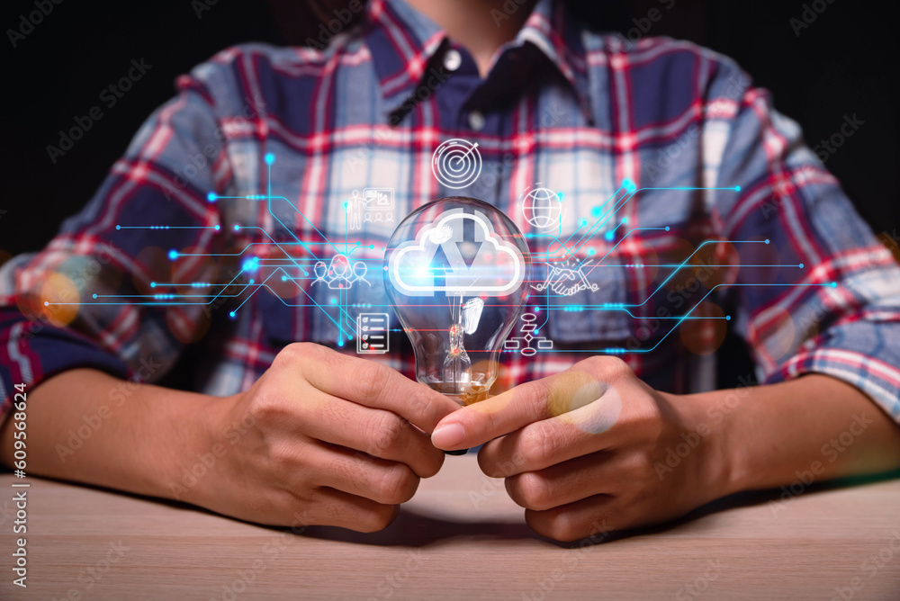 Aufkleber Big data analytics and business intelligence concept with chart and graph icons on a digital screen interface and a businessman in background