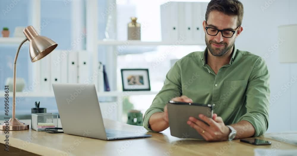 Poster tablet, laptop and office with a business man doing web analyst work for website. working, typing an
