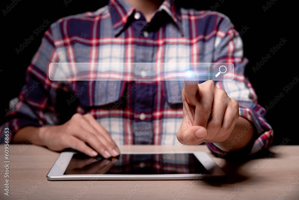 Aufkleber Searching Browsing Internet Data Information with blank search bar.SearchEngine Optimization SEO Networking Concept.handof businessman working with computer laptop on desk in office