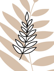 Outline black branch and beige branch with leaves in the background, abstract vector botanical image, hand drawn.