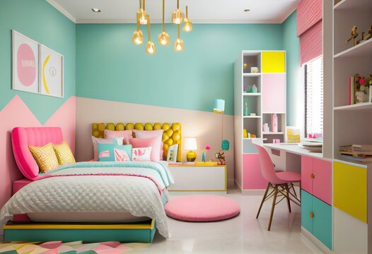 Youth bedroom of a girl, decorated with different colors. Generative AI.