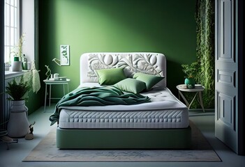 Modern bedroom in green and white colors. Generative AI.