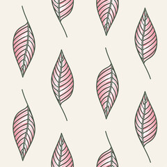 Seamless pattern with
 green with red leaves on a light yellow background, freehand vector abstract illustration.