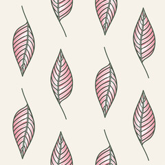 Fototapeta premium Seamless pattern with green with red leaves on a light yellow background, freehand vector abstract illustration.