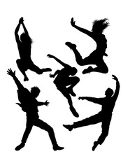 Male and female jumping parkour sport training pose silhouette