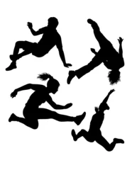 Foto op Plexiglas Jumping and somersault parkour sport training pose silhouette © ComicVector