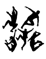 Male and female parkour jumping sport training pose silhouette