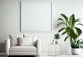 Blank horizontal poster frame, in modern living room interior. Generative AI.