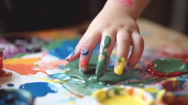フィンガーペイント。家で指で絵を描くかわいい男の子。カラフルな絵の具で塗られた子供の手の接写。早期教育のコンセプト。感覚遊び。細かい運動能力の発達GenerativeAI