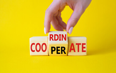 Cooperate and Coordinate symbol. Businessman hand turns wooden cubes and changes the word Cooperate to Coordinate. Beautiful yellow background. Business concept. Copy space