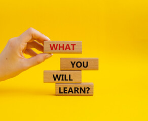 What you will learn symbol. Concept word. What you will learn on wooden blocks. Beautiful yellow...