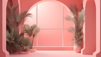  製品プレゼンテーション用の抽象的なグラデーションのピンクのスタジオの背景。窓と花とヤシの葉の影のある空の部屋。コピー スペースのある 3 d ルーム。サマーコンサート。ぼやけた背景GenerativeAI
