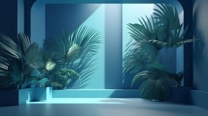 製品プレゼンテーション用の抽象的な青い色のグラデーションスタジオの背景。窓と花とヤシの葉の影のある空の部屋。コピー スペースのある 3 d ルーム。サマーコンサート。ぼやけた背景GenerativeAI
