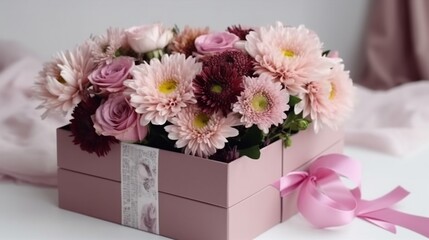 白いテーブルの背景にバラと菊の花とピンクのギフトボックスの美しい花束。休日、誕生日、結婚式、母の日、バレンタインデー、女性の日のギフト。フラワーアレンジメントGenerativeAI