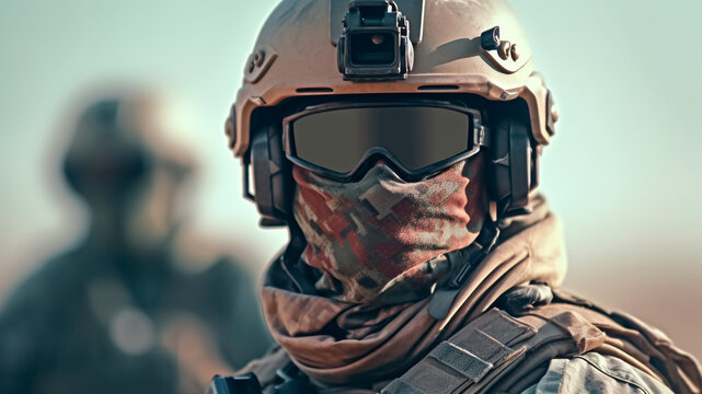 In a desert, a soldier carries out their duties unwavering focus. Generative AI