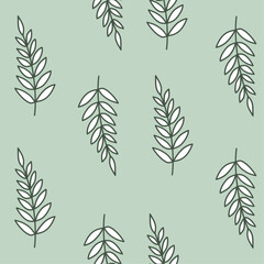 Seamless pattern with contour white branch
 with leaves on a light green background, freehand vector abstract illustration.