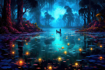 idyllic glowing fantasy lake in the jungle, Generative AI